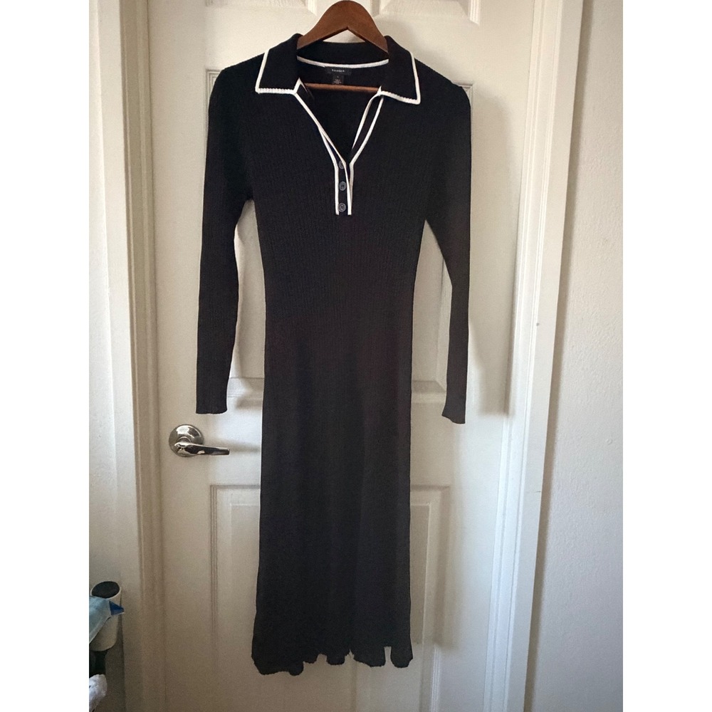 Halogen Womens Black Ribbed Knit Polo Midi Dress Long Sleeve White Trim Size S - Picture 2 of 4